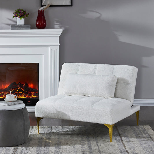 Divano letto singolo modulare in ciniglia Teddy bianco con struttura in legno massello per soggiorno