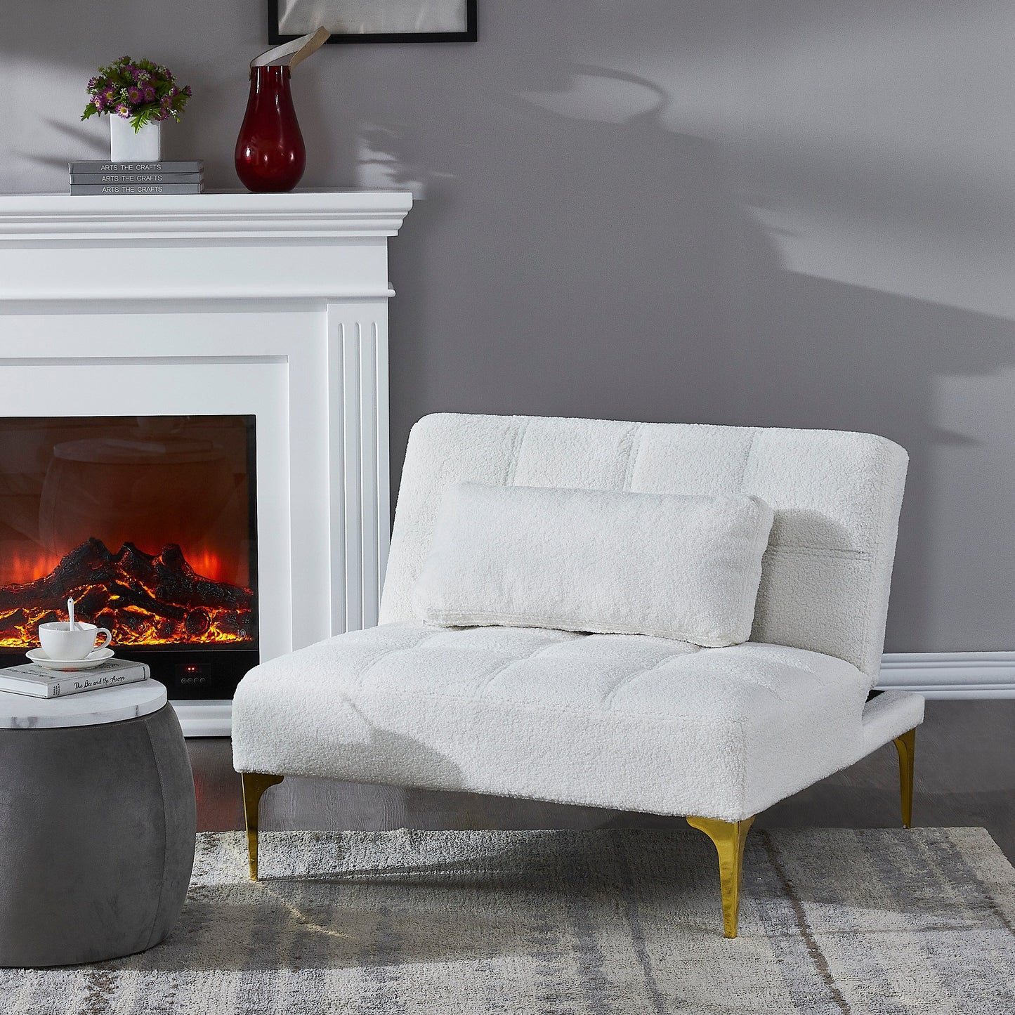 Divano letto singolo componibile in ciniglia Teddy bianco con struttura in legno