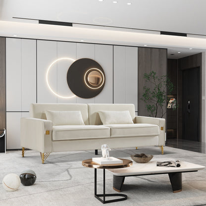 Divano a due posti rivestito in velluto bianco con gambe dorate