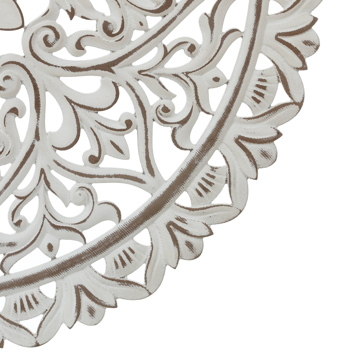 Decorazione da parete rotonda Mandala con fiori in legno bianco anticato, 31,5 cm