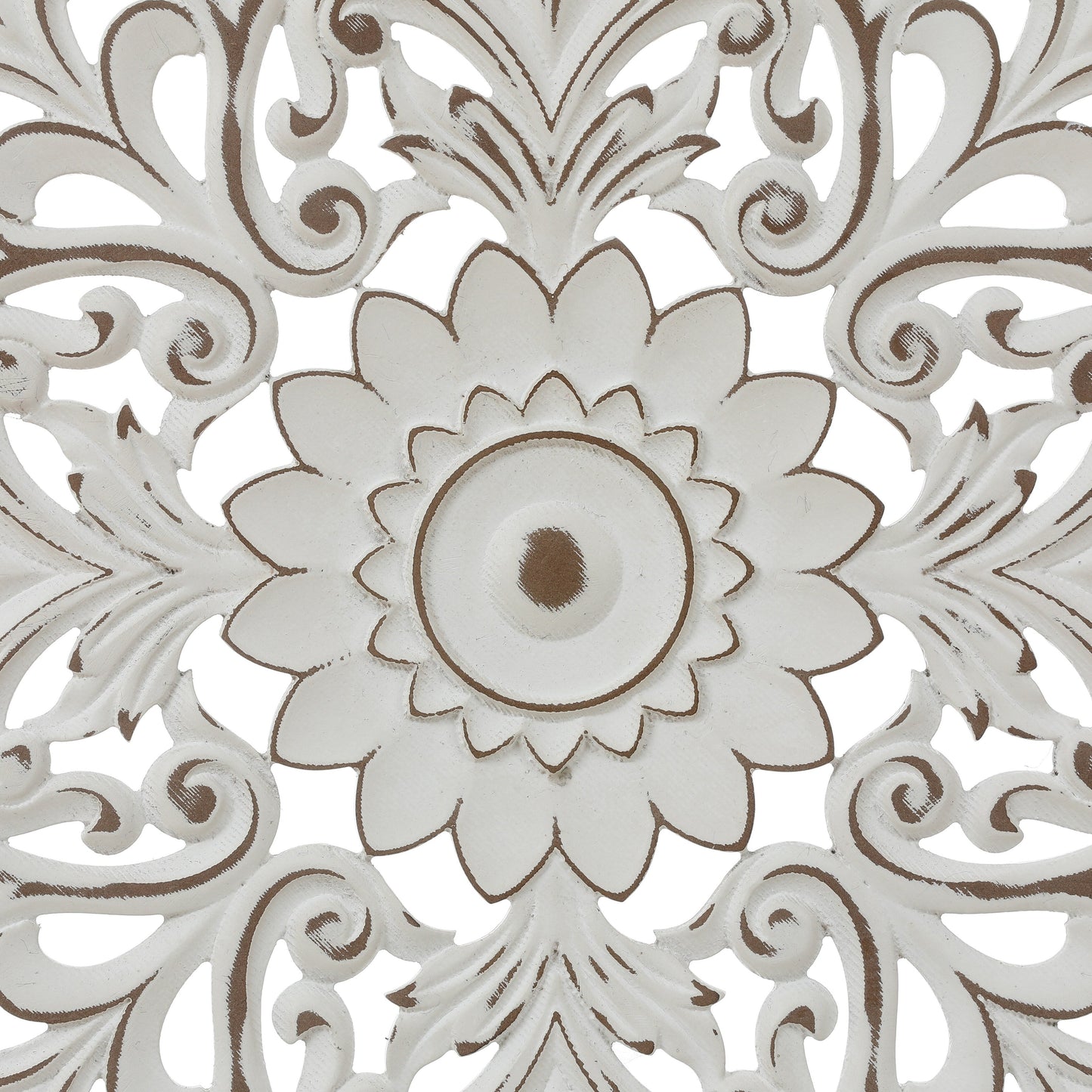 Decorazione da parete rotonda Mandala con fiori in legno bianco anticato, 31,5 cm