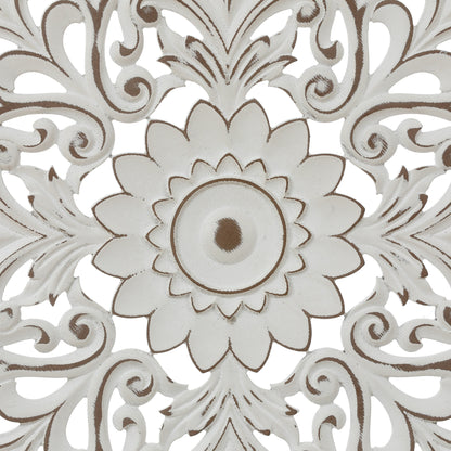 Decorazione da parete rotonda Mandala con fiori in legno bianco anticato, 31,5 cm