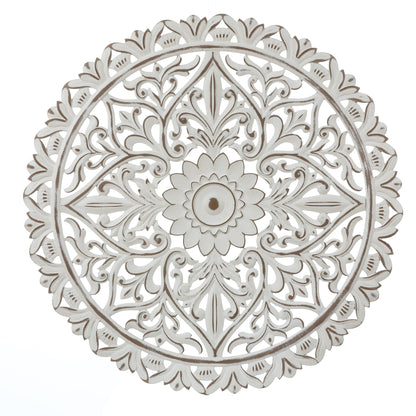 Decorazione da parete rotonda Mandala con fiori in legno bianco anticato, 31,5 cm