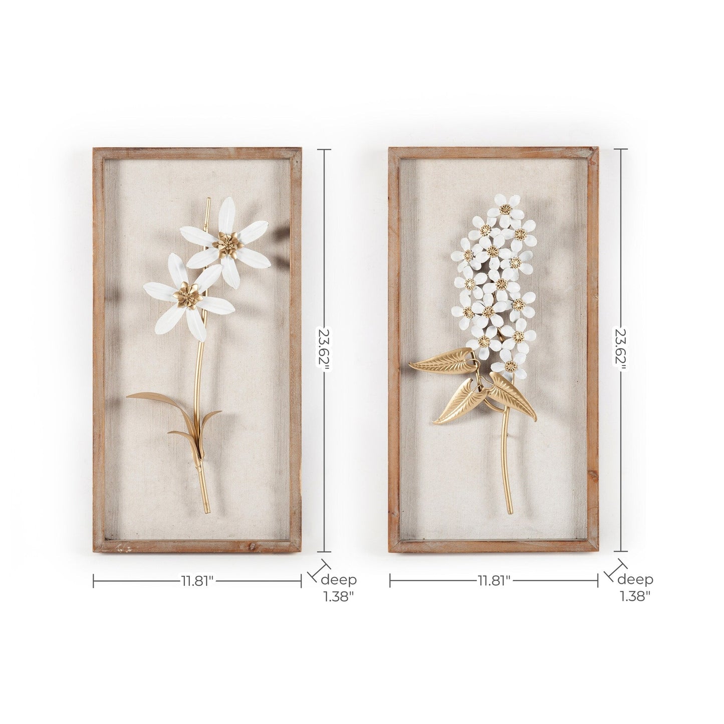 Decorazione da parete con bouquet di fiori in metallo bianco e oro e cornice in legno (set da 2)