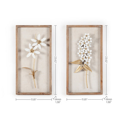 Decorazione da parete con bouquet di fiori in metallo bianco e oro e cornice in legno (set da 2)