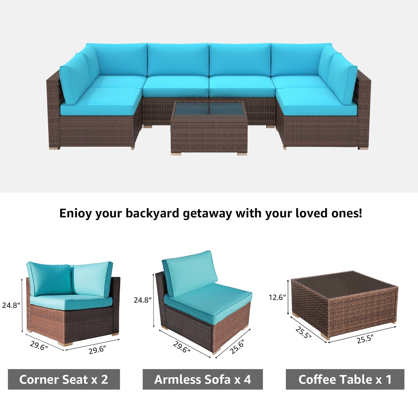 Set di divani componibili imbottiti da esterno in vimini/acciaio da 7 pezzi