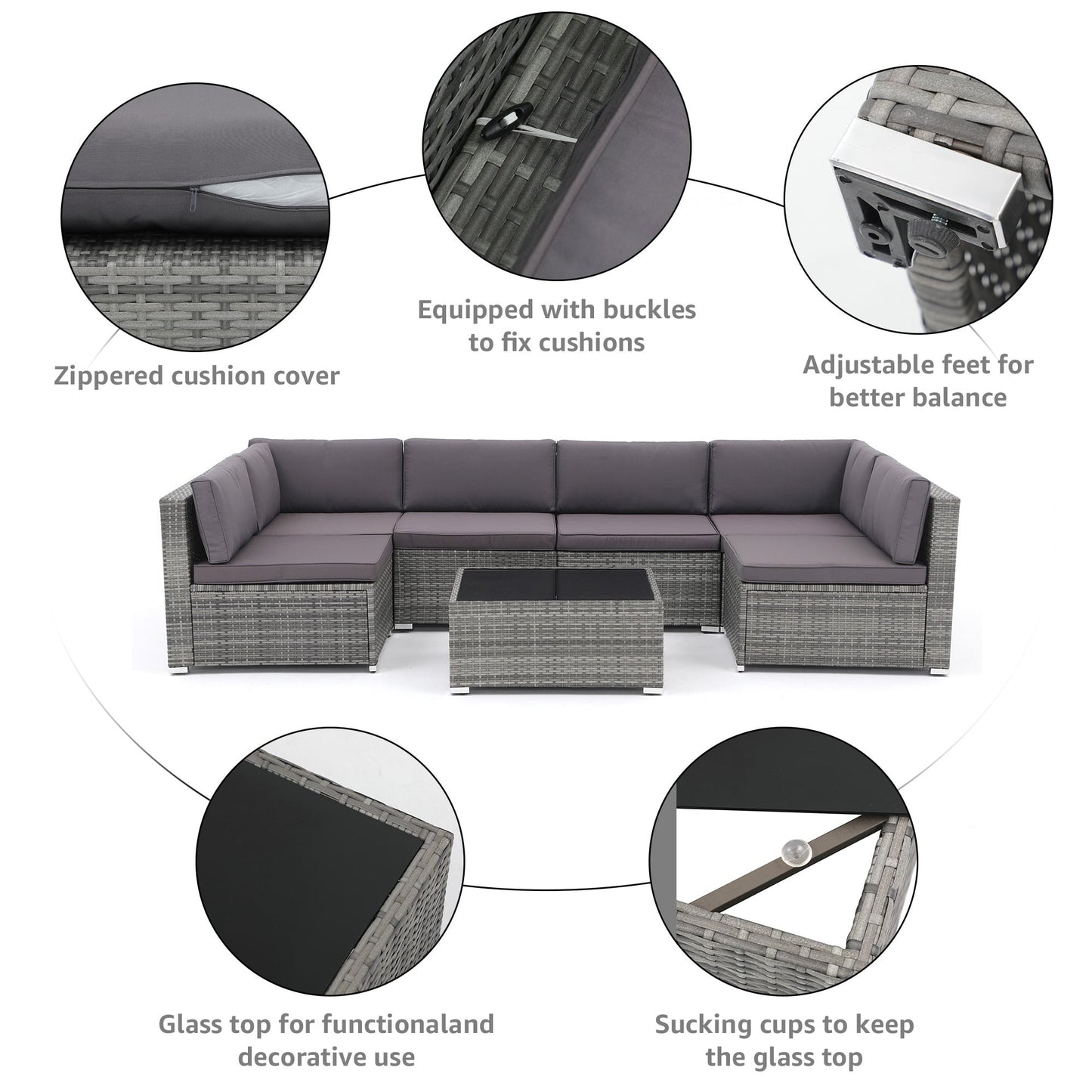 Set di divani componibili imbottiti da esterno in vimini/acciaio da 7 pezzi