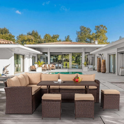 Set da pranzo per esterni in vimini per 9 persone con cuscini