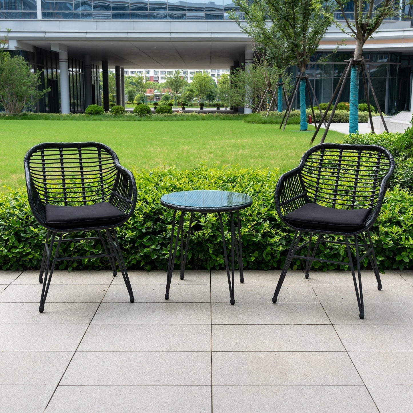 Set da 3 pezzi per mobili da esterno in vimini, da patio, da bistrot, con cuscini, per veranda, piscina, giardino - 21,2 L x 23,6 W x 31,5 H