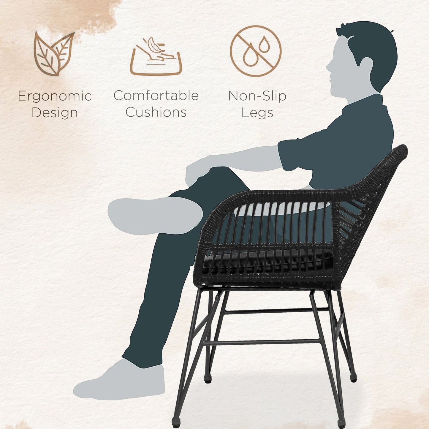 Set da 3 pezzi per mobili da esterno in vimini, da patio, da bistrot, con cuscini, per veranda, piscina, giardino - 21,2 L x 23,6 W x 31,5 H