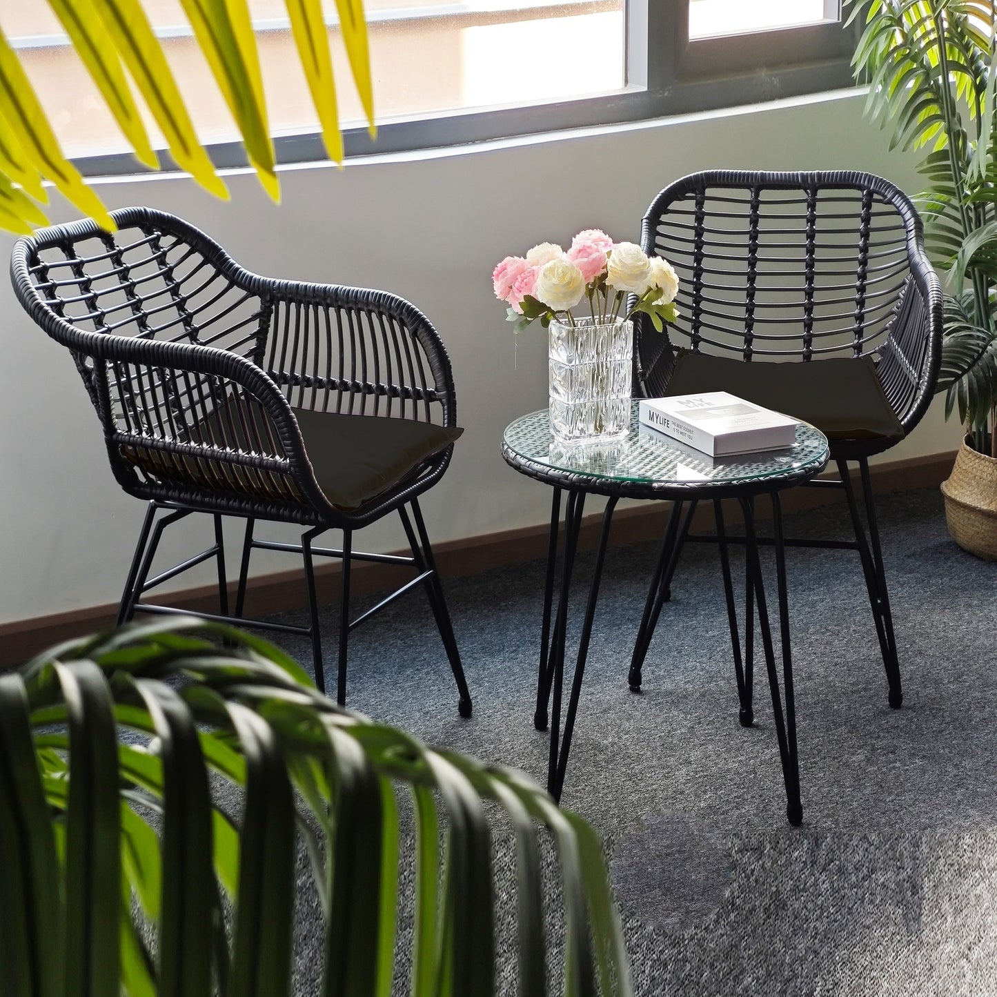 Set da 3 pezzi per mobili da esterno in vimini, da patio, da bistrot, con cuscini, per veranda, piscina, giardino - 21,2 L x 23,6 W x 31,5 H