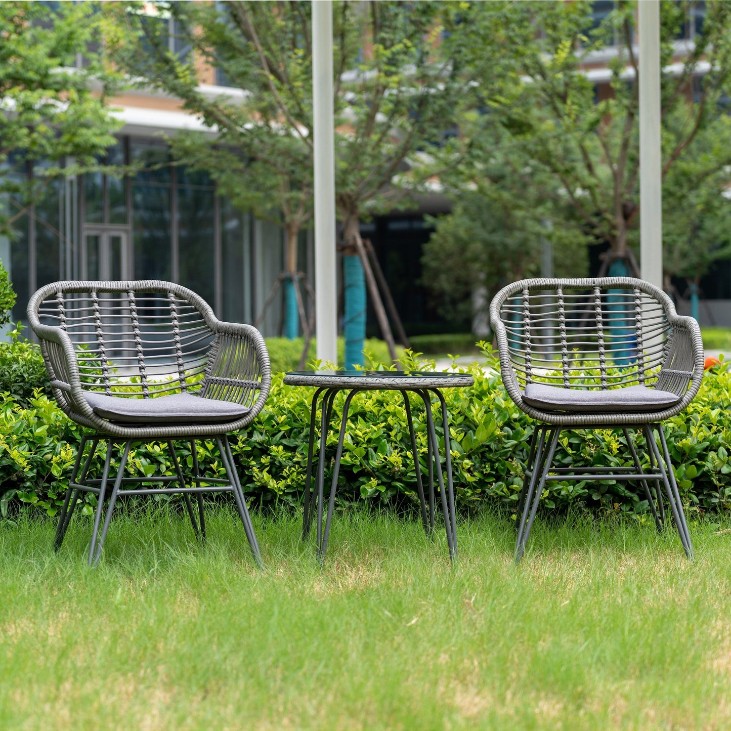 Set da 3 pezzi per mobili da esterno in vimini, da patio, da bistrot, con cuscini, per veranda, piscina, giardino - 21,2 L x 23,6 W x 31,5 H