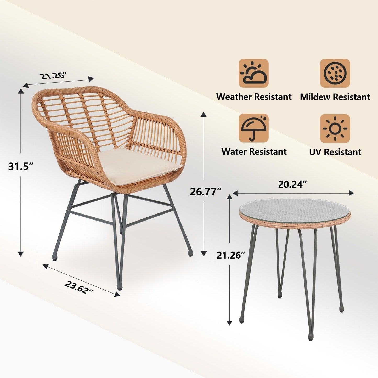 Set da 3 pezzi per mobili da esterno in vimini, da patio, da bistrot, con cuscini, per veranda, piscina, giardino - 21,2 L x 23,6 W x 31,5 H