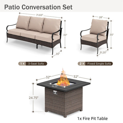 MAISON ARTS Set da esterno oversize da 6 pezzi con braciere - Divano a 3 posti, divano a 2 posti, sedie girevoli, pouf (beige)