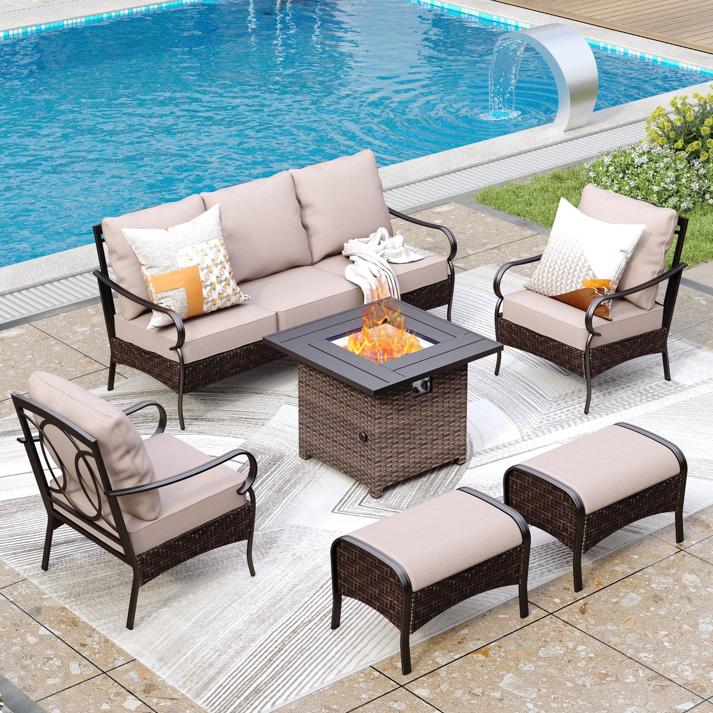 MAISON ARTS Set da esterno oversize da 6 pezzi con braciere - Divano a 3 posti, divano a 2 posti, sedie girevoli, pouf (beige)