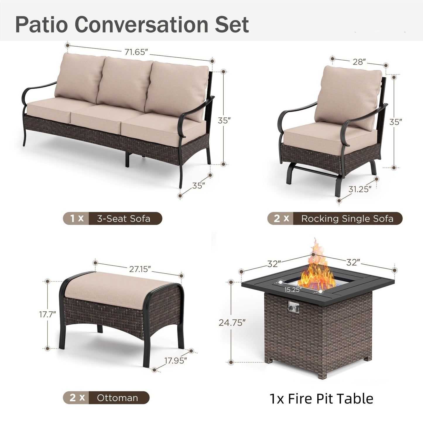 MAISON ARTS Set da esterno oversize da 6 pezzi con braciere - Divano a 3 posti, divano a 2 posti, sedie girevoli, pouf (beige)