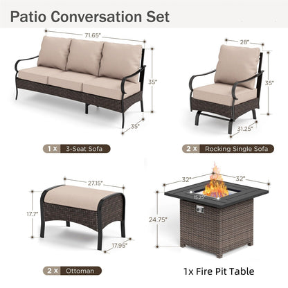 MAISON ARTS Set da esterno oversize da 6 pezzi con braciere - Divano a 3 posti, divano a 2 posti, sedie girevoli, pouf (beige)