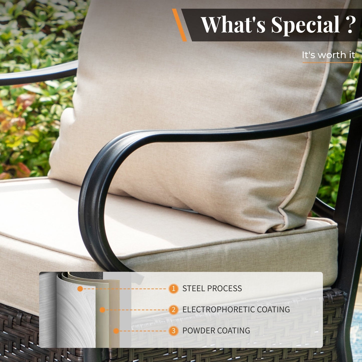 MAISON ARTS Set da esterno oversize da 6 pezzi con braciere - Divano a 3 posti, divano a 2 posti, sedie girevoli, pouf (beige)