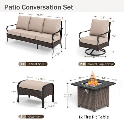 MAISON ARTS Set da esterno oversize da 6 pezzi con braciere - Divano a 3 posti, divano a 2 posti, sedie girevoli, pouf (beige)