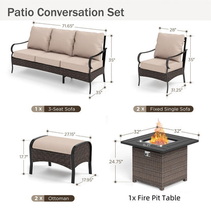 MAISON ARTS Set da esterno oversize da 6 pezzi con braciere - Divano a 3 posti, divano a 2 posti, sedie girevoli, pouf (beige)