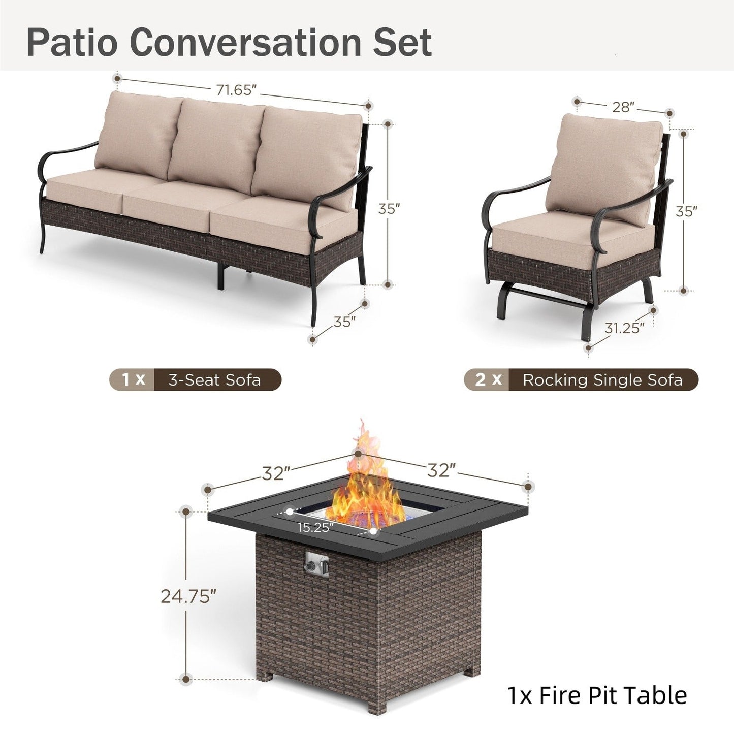 MAISON ARTS Set da esterno oversize da 6 pezzi con braciere - Divano a 3 posti, divano a 2 posti, sedie girevoli, pouf (beige)