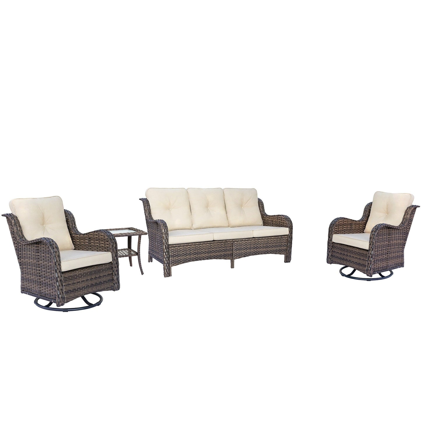 Set di mobili da esterno in rattan e vimini, sedie girevoli con cuscini