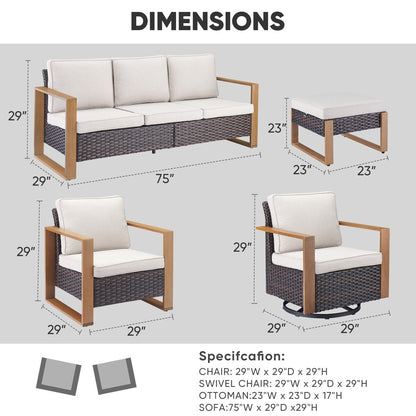 Divano girevole in vimini con poltrona e pouf - Marrone