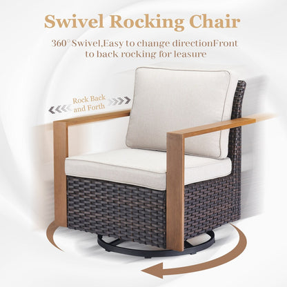 Divano girevole in vimini con poltrona e pouf - Marrone