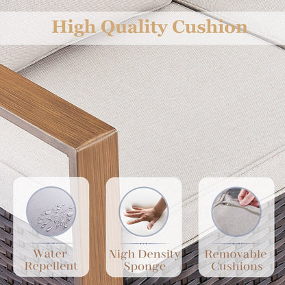 Divano girevole in vimini con poltrona e pouf - Marrone