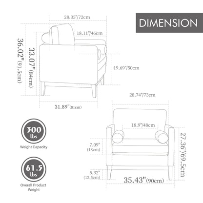 Ampia poltrona moderna in stile fattoria con gambe in legno naturale, poltrona singola con due cuscini di supporto