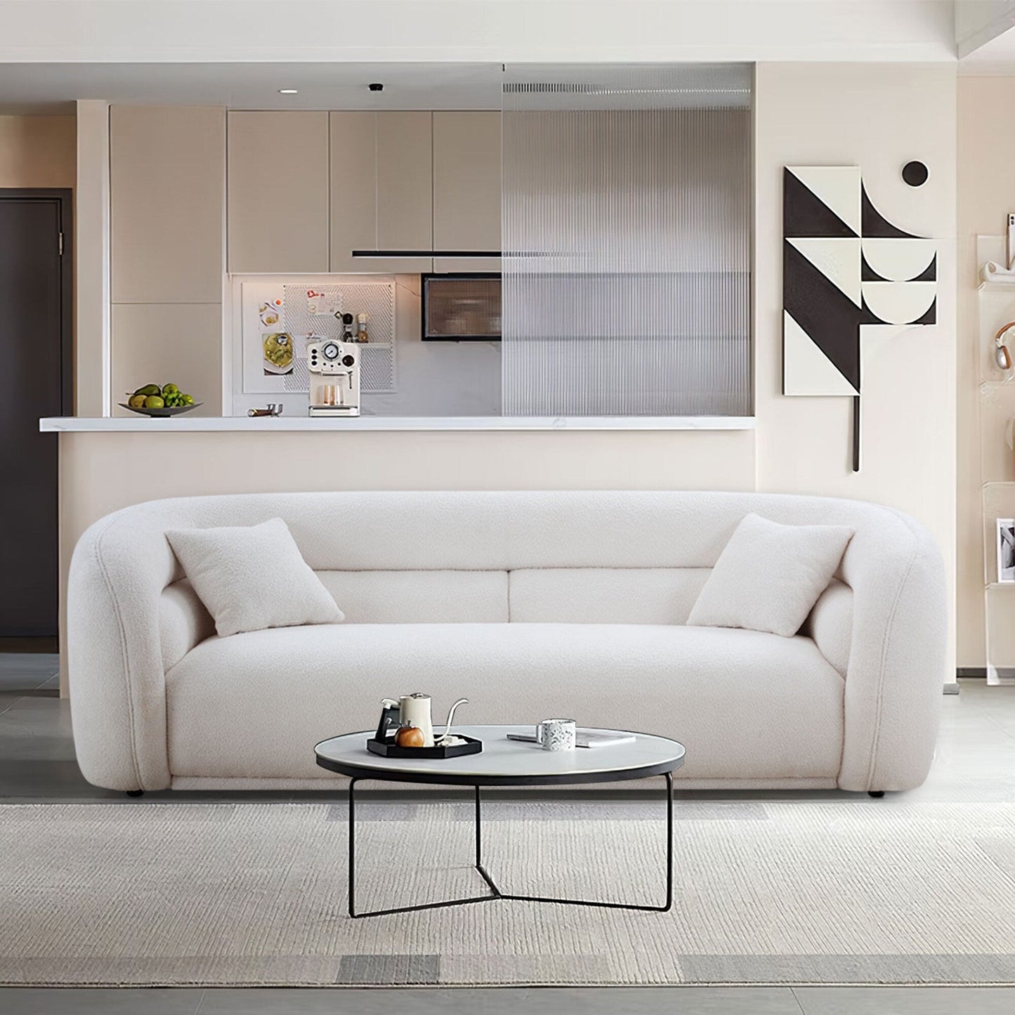 Divano curvo imbottito moderno contemporaneo 91 con 2 cuscini per soggiorno