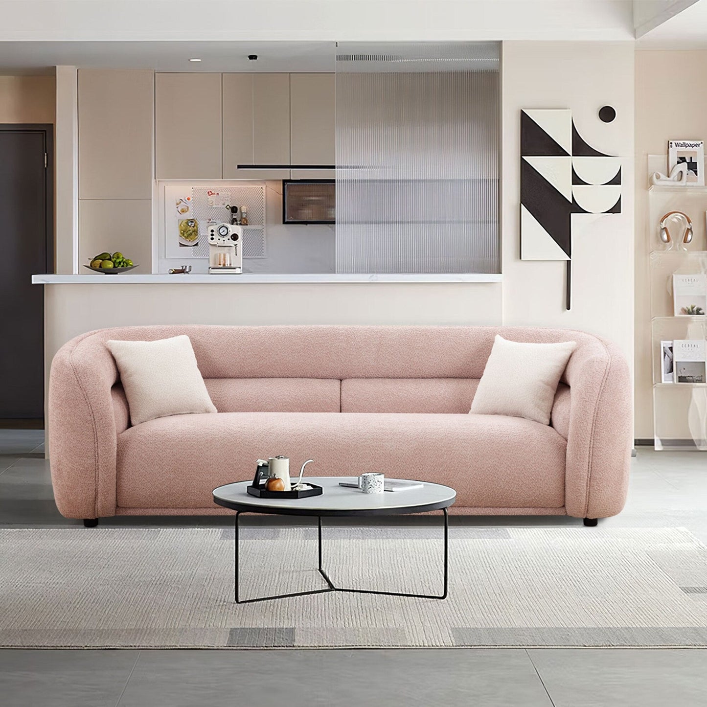 Divano curvo imbottito moderno contemporaneo 91 con 2 cuscini per soggiorno