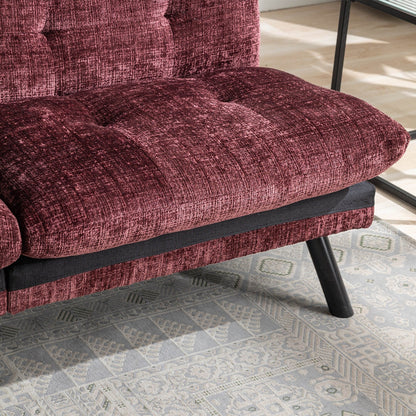Divano letto futon convertibile in ciniglia rosso vino da 75,6 pollici con gambe in metallo per soggiorno