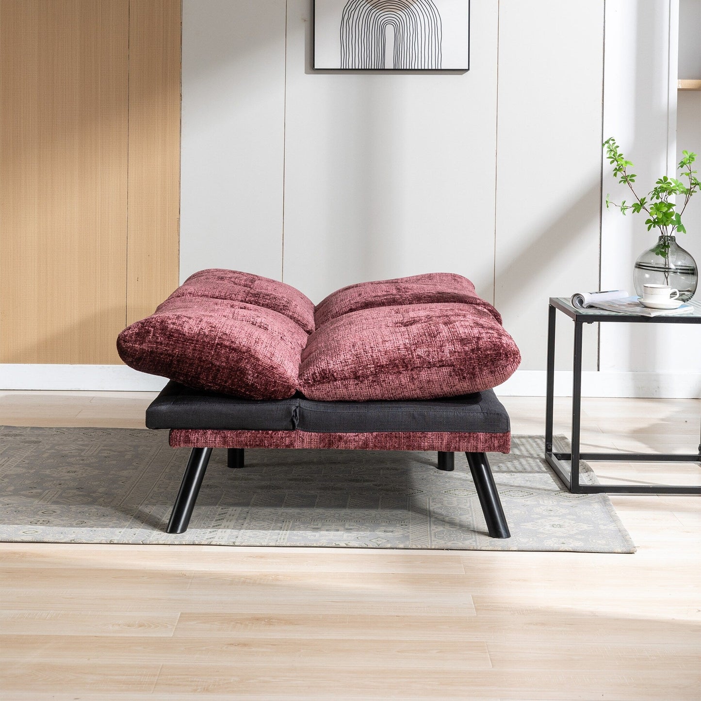 Divano letto futon convertibile in ciniglia rosso vino