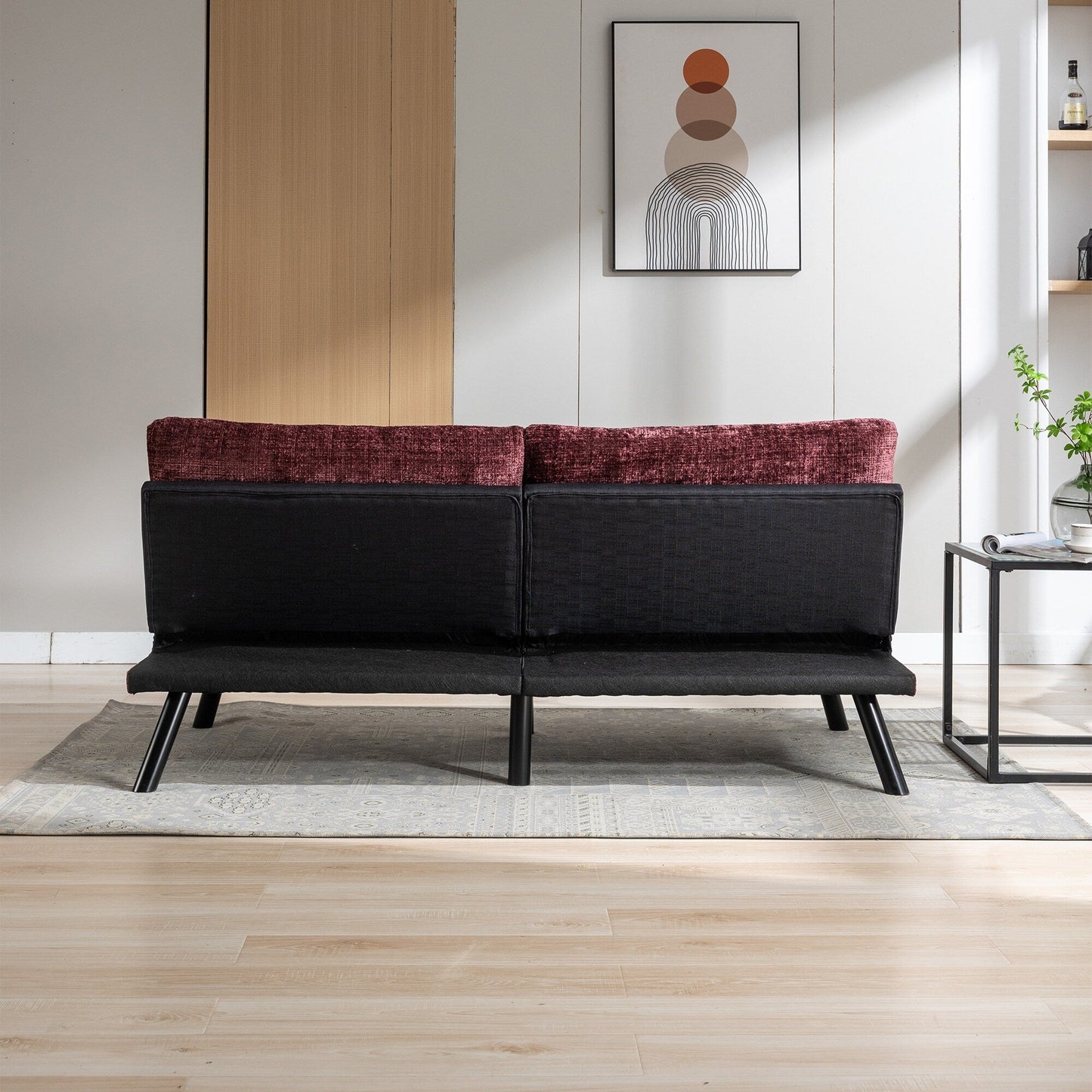 Divano letto futon convertibile in ciniglia rosso vino