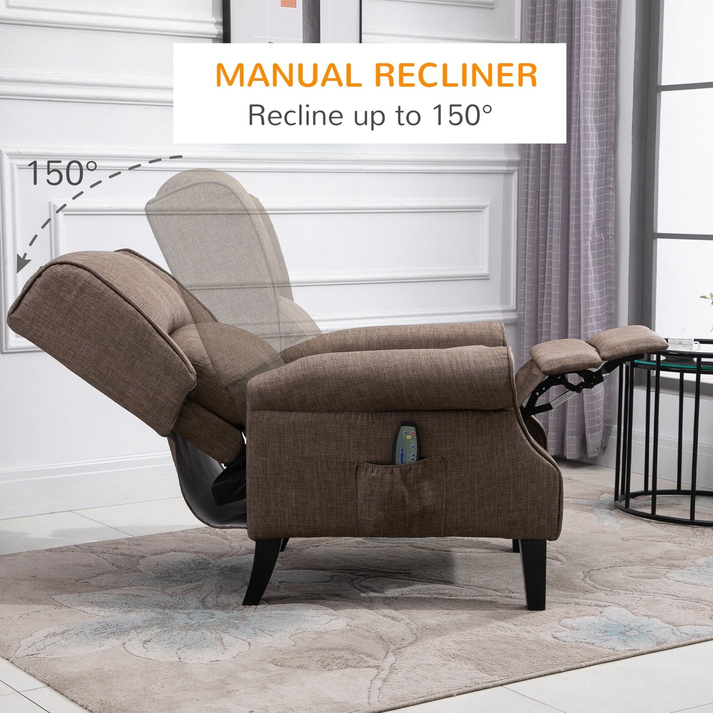 Poltrona reclinabile manuale con schienale alto, in tessuto di lino, con riscaldamento, vibrazione e massaggio, con poggiapiedi regolabile e telecomando cablato.