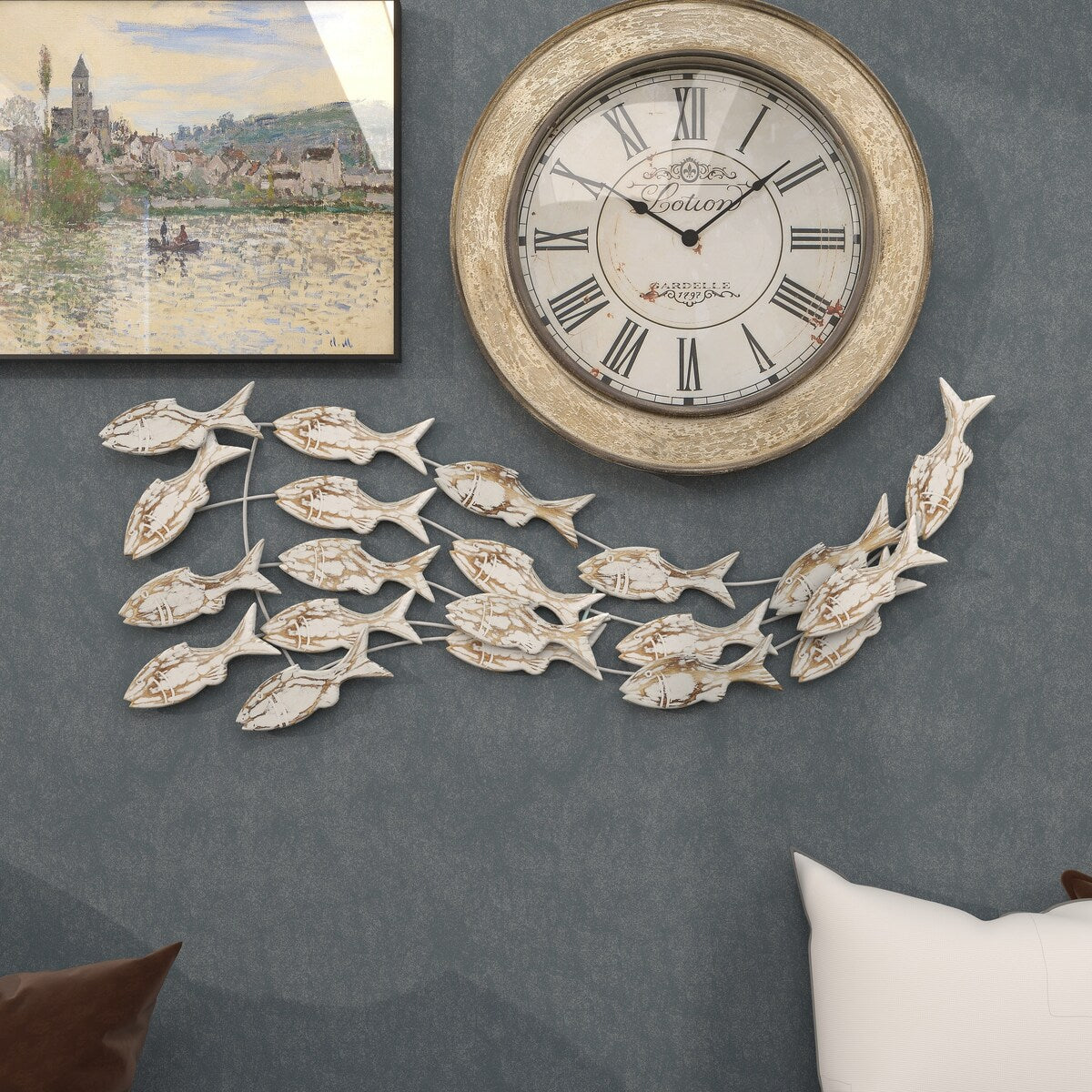 Decorazione murale per la casa a forma di pesce in legno fatto a mano con effetto anticato marrone - Bianco - Roche River Decor