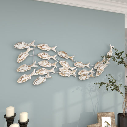 Decorazione murale per la casa a forma di pesce in legno fatto a mano con effetto anticato marrone - Bianco - Roche River Decor