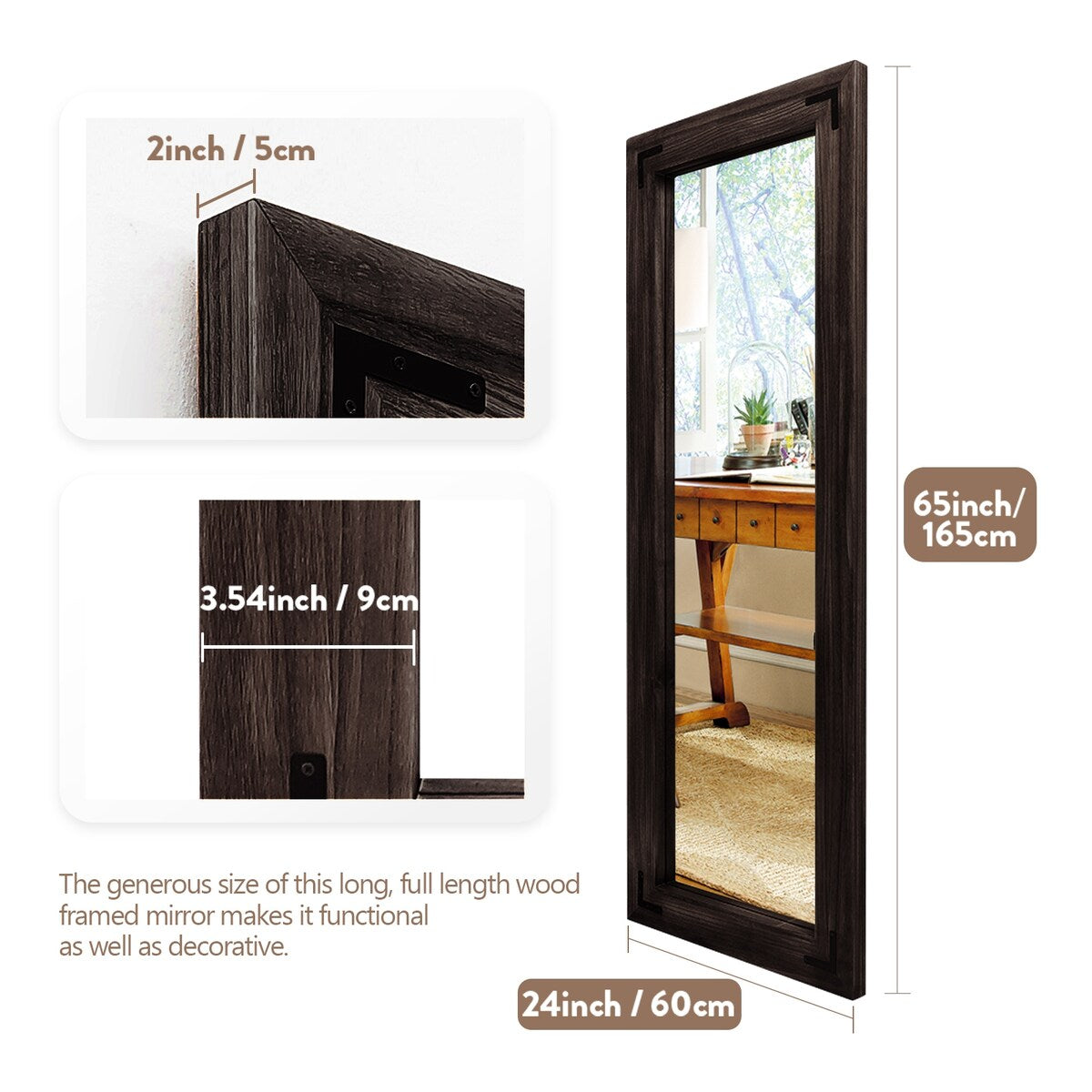 Specchio da terra a figura intera con cornice in legno rustico stile fattoria - 65x24