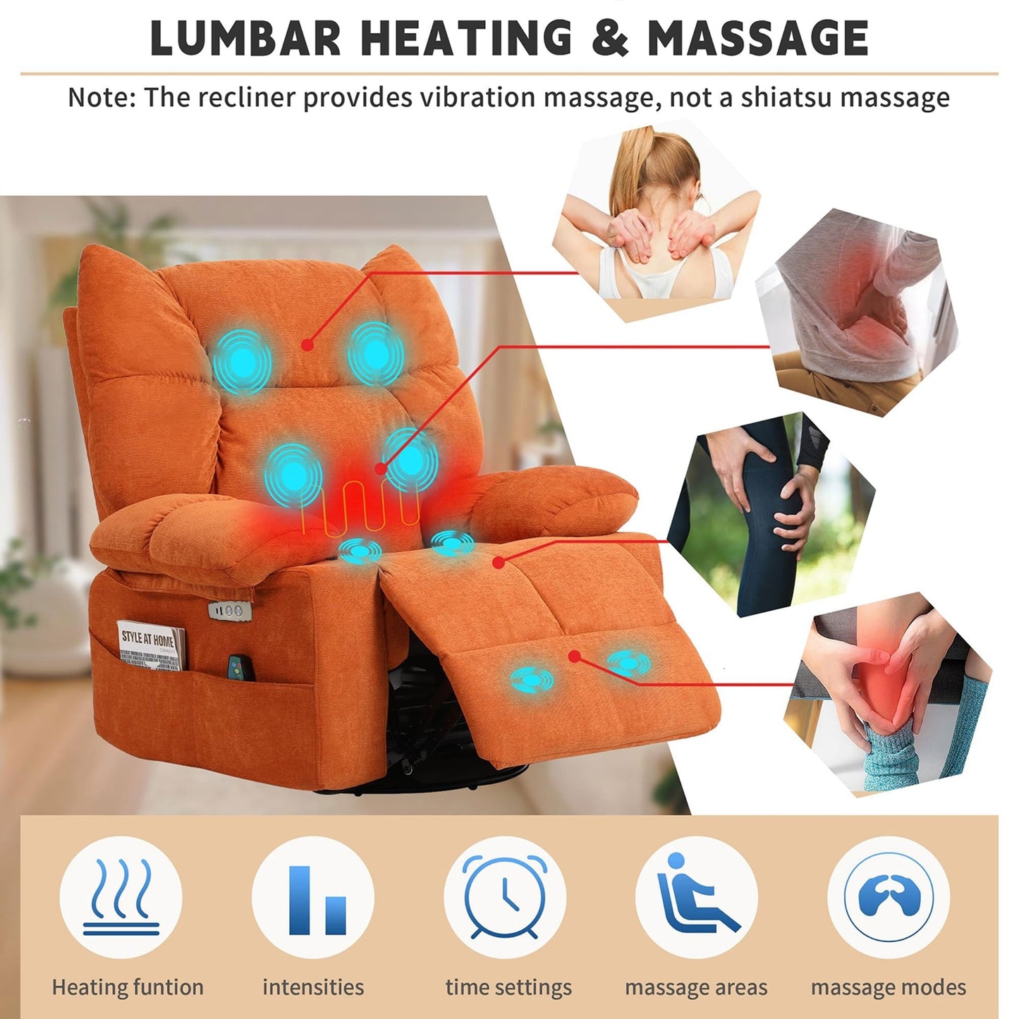 Poltrona reclinabile girevole XINMICS, poltrona reclinabile elettrica Glider con massaggio e riscaldamento