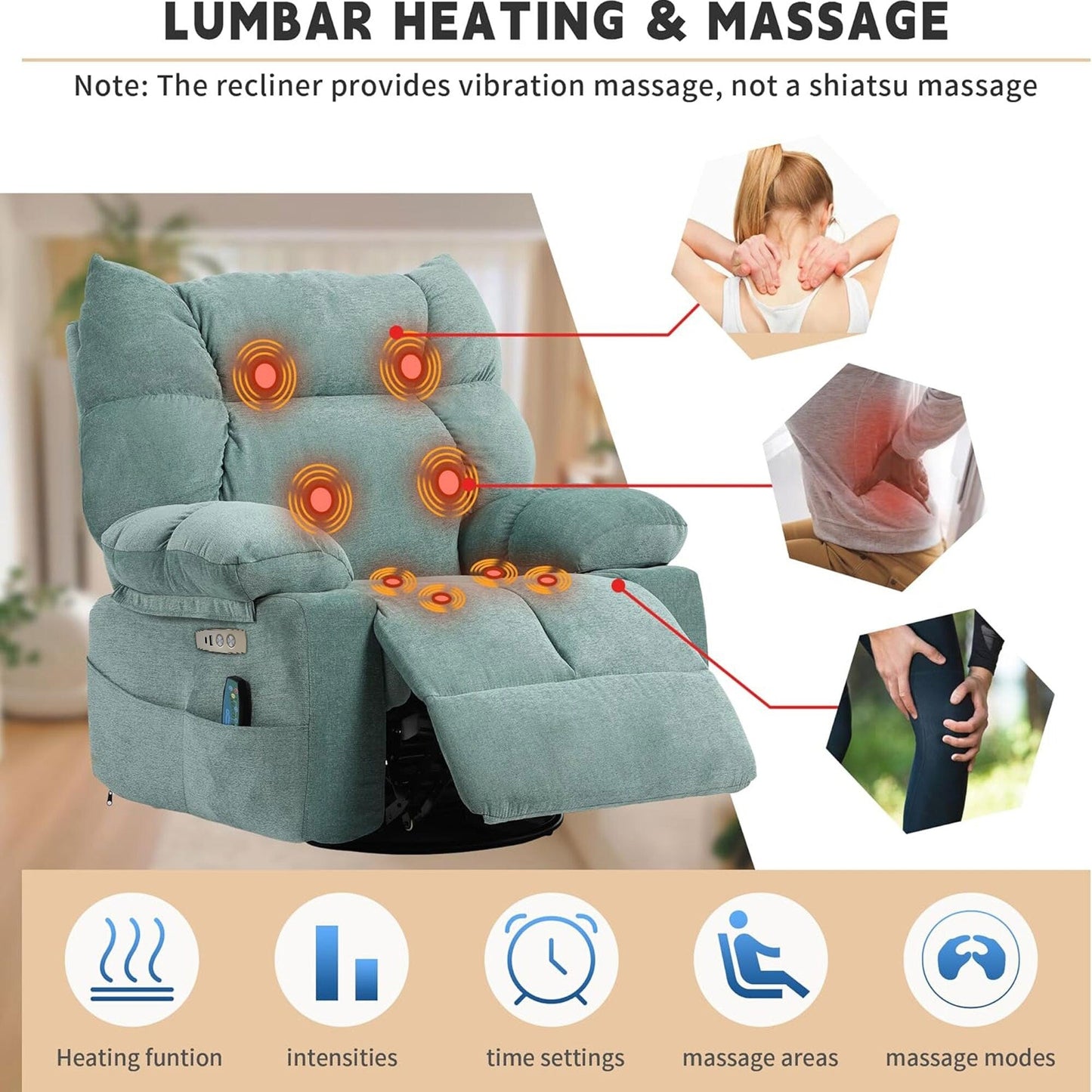 Poltrona reclinabile girevole XINMICS, poltrona reclinabile elettrica Glider con massaggio e riscaldamento