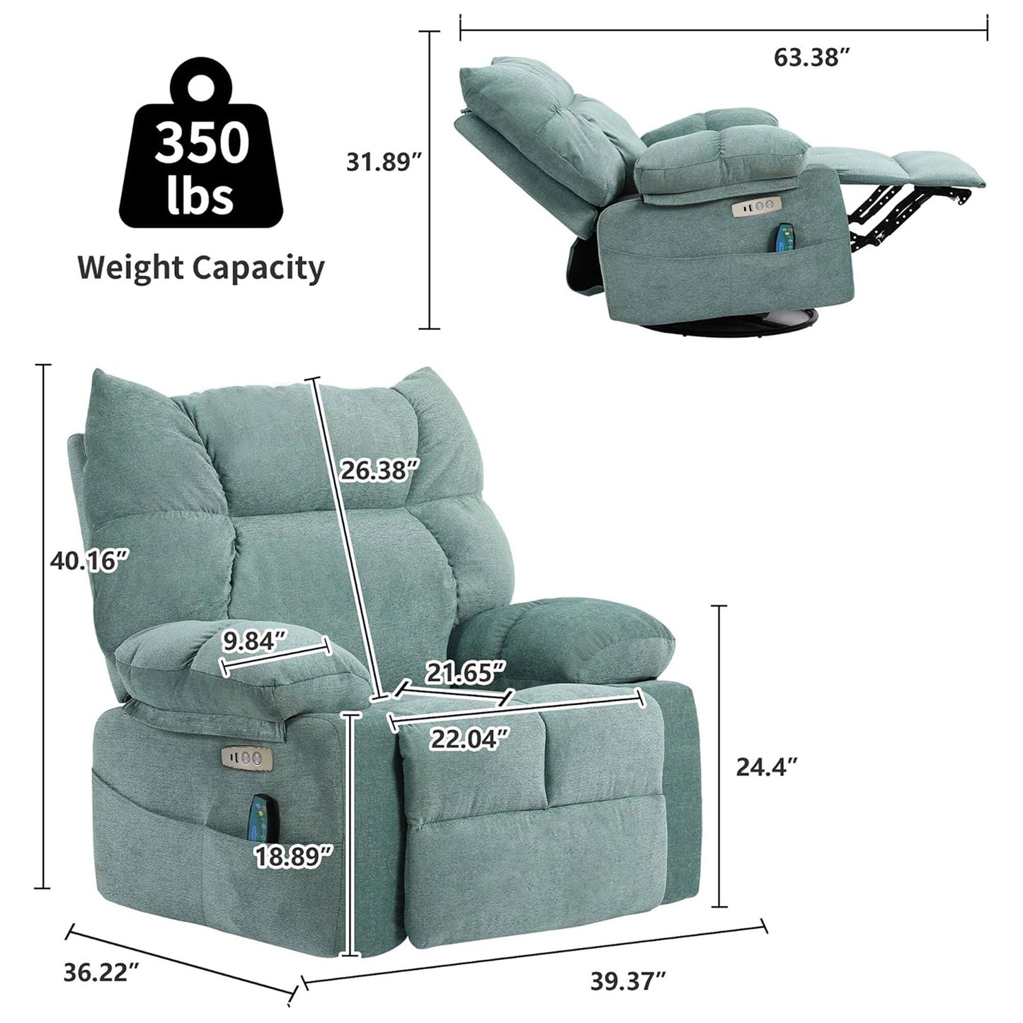 Poltrona reclinabile girevole XINMICS, poltrona reclinabile elettrica Glider con massaggio e riscaldamento