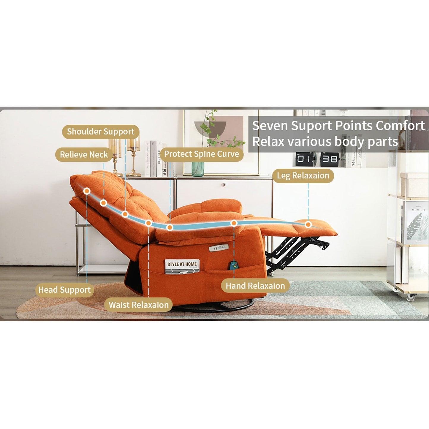 Poltrona reclinabile girevole XINMICS, poltrona reclinabile elettrica Glider con massaggio e riscaldamento