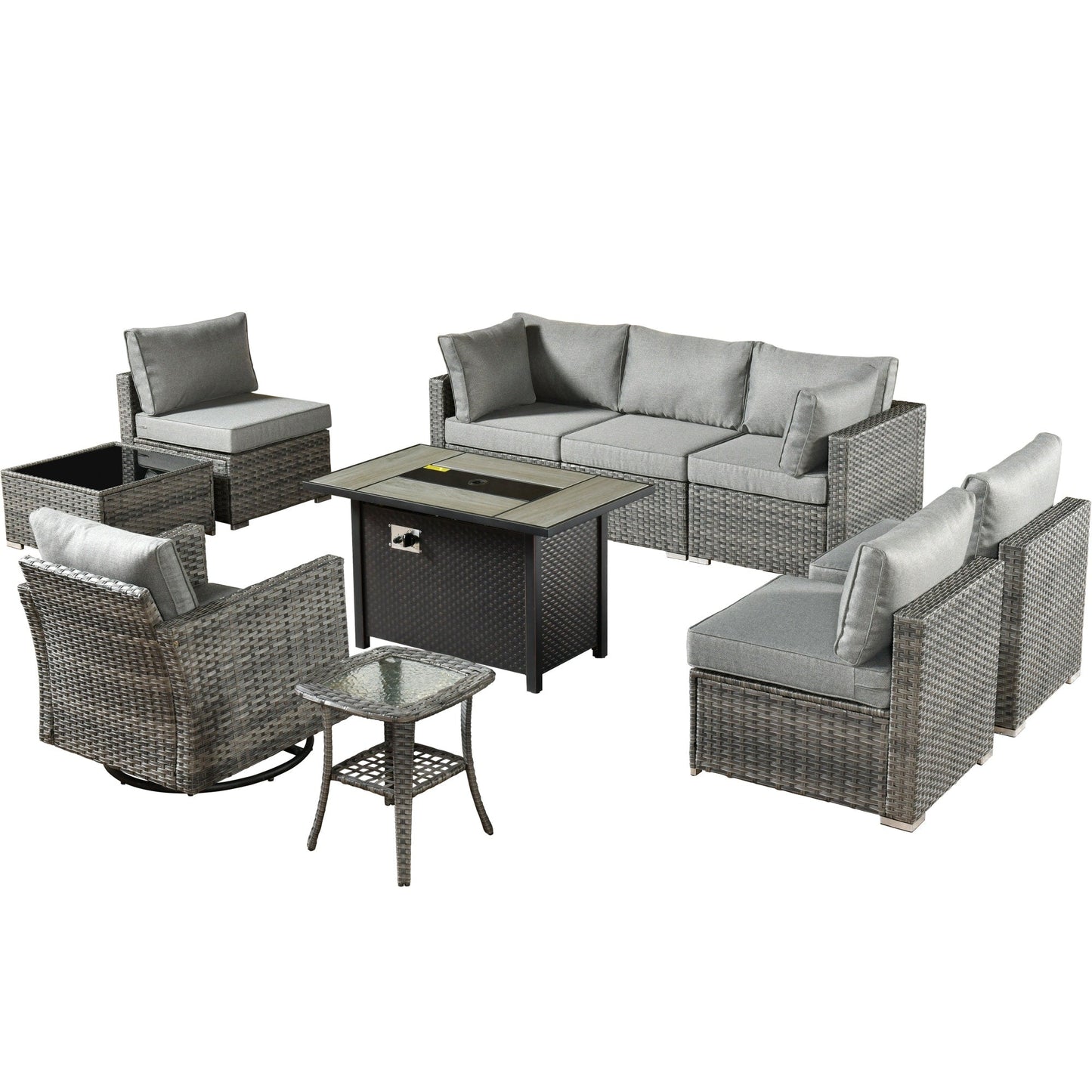 Set di mobili da giardino XIZZI da 10 pezzi con tavolo da fuoco