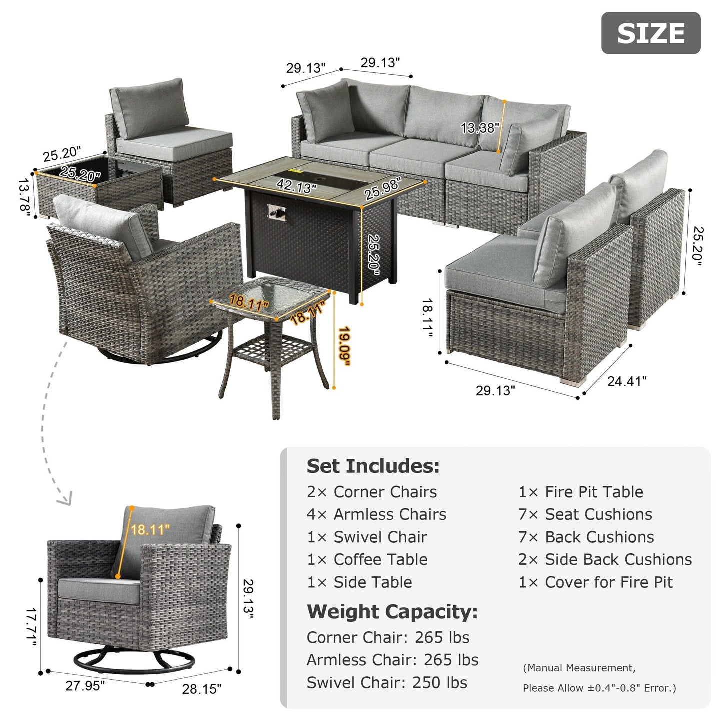 Set di mobili da giardino XIZZI da 10 pezzi con tavolo da fuoco