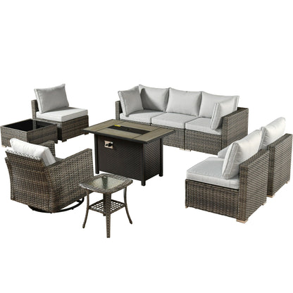 Set di mobili da giardino XIZZI da 10 pezzi con tavolo da fuoco