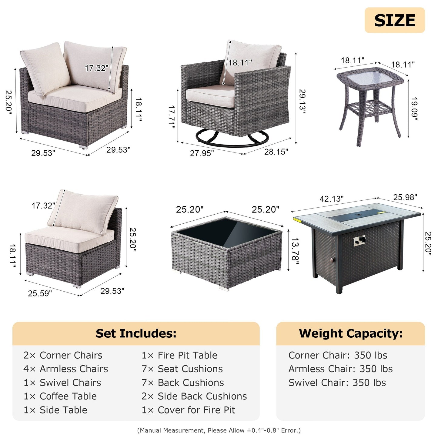 Set di mobili da giardino XIZZI da 10 pezzi con tavolo da fuoco