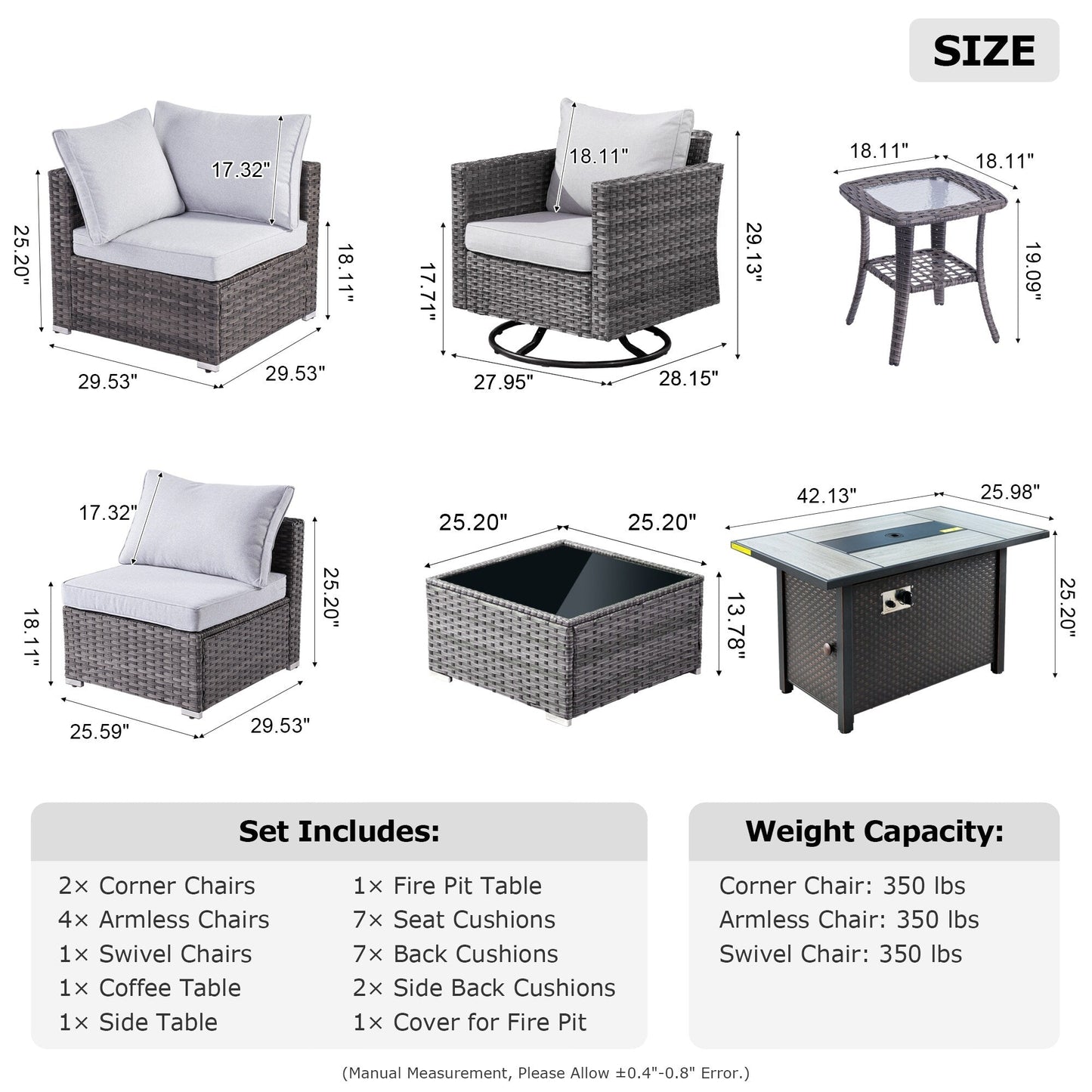 Set di mobili da giardino XIZZI da 10 pezzi con tavolo da fuoco