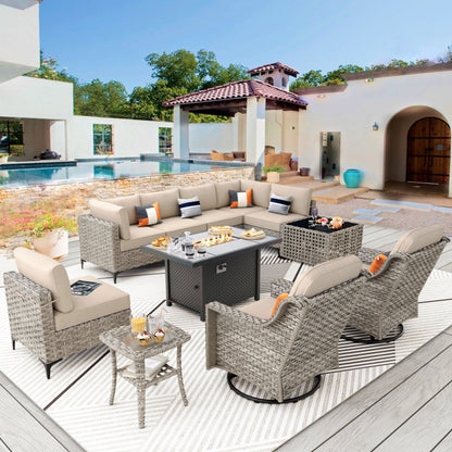 Set di mobili da giardino in rattan e vimini XIZZI da 11 pezzi con tavolo con braciere