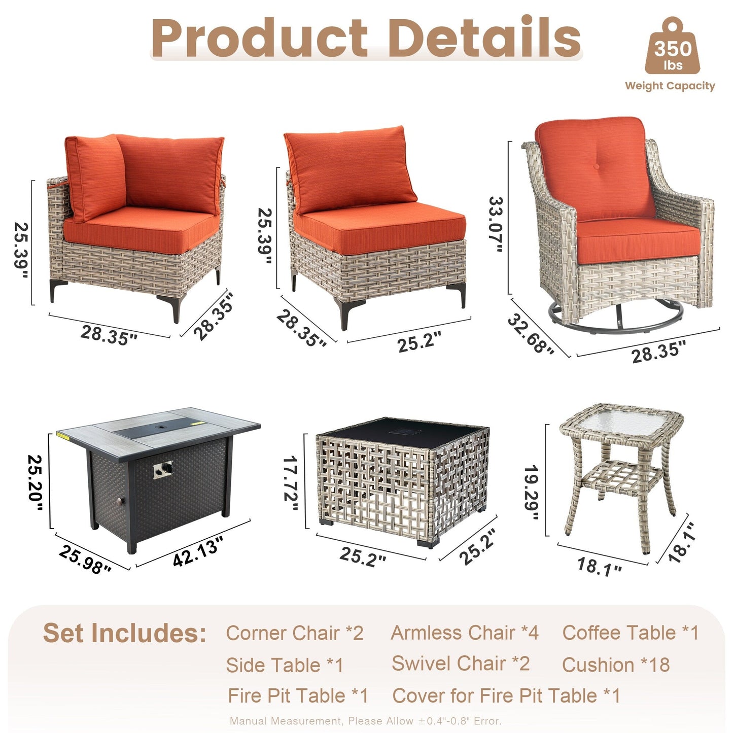 Set di mobili da giardino in rattan e vimini XIZZI da 11 pezzi con tavolo con braciere